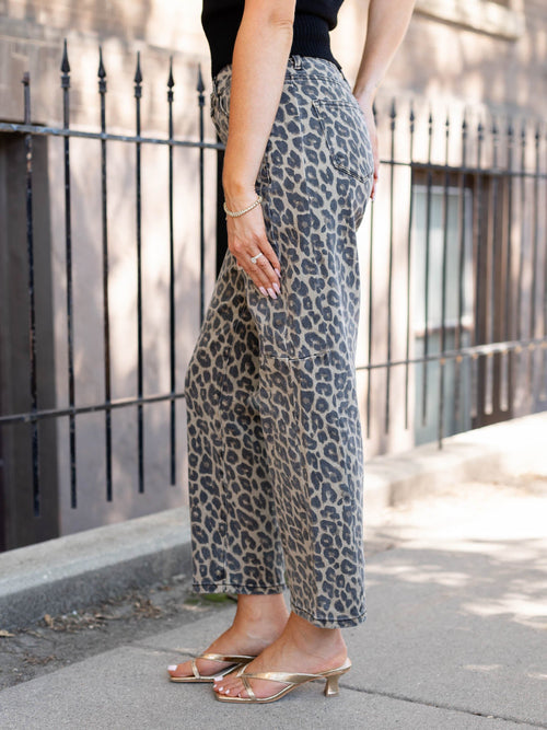 washed leopard print barrel denim