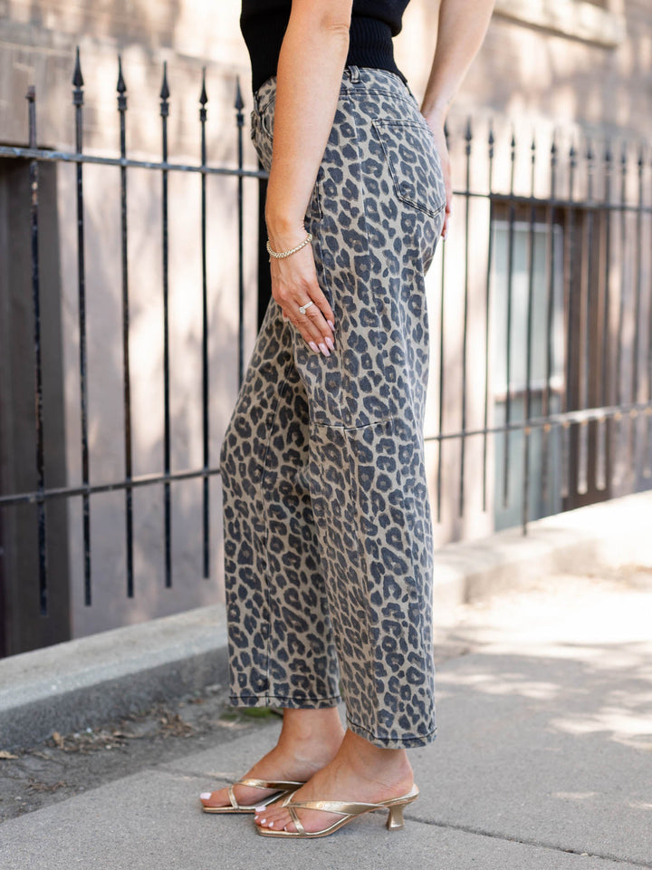 washed leopard print barrel denim