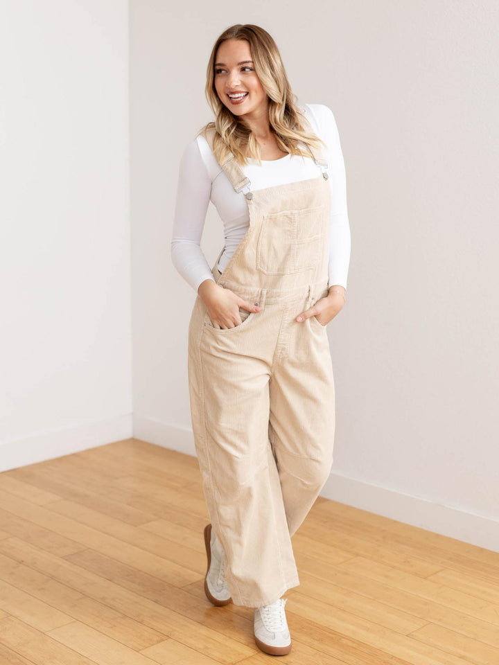 barrel style corduroy overalls