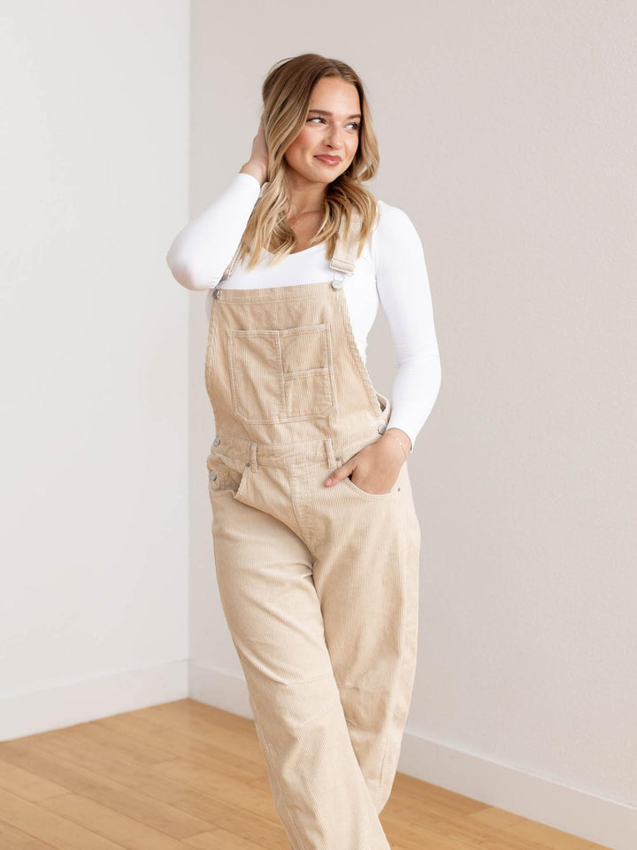 barrel style corduroy overalls