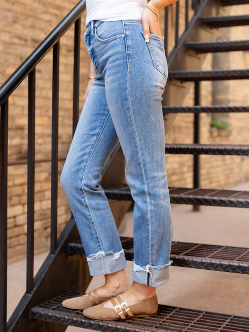tab accent straight cuffed denim