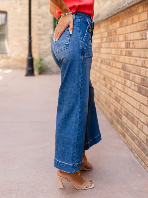 wide leg dark denim jeans
