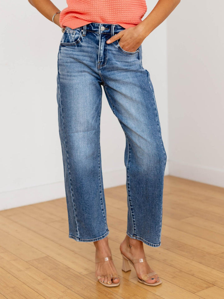 adjustable barrel washed denim jeans