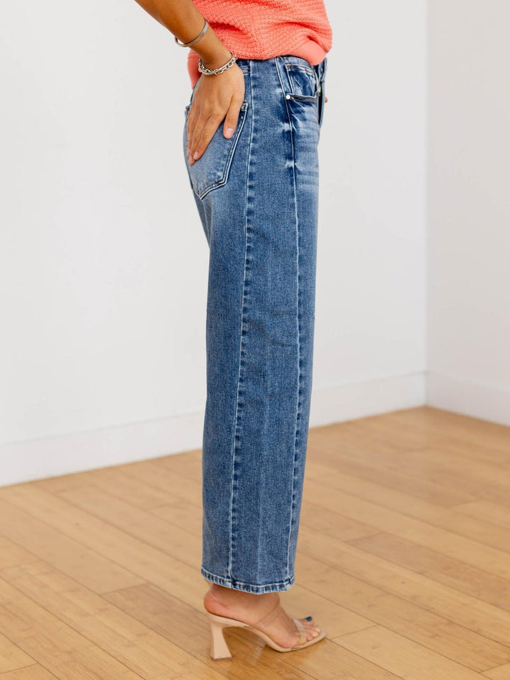 adjustable barrel washed denim jeans