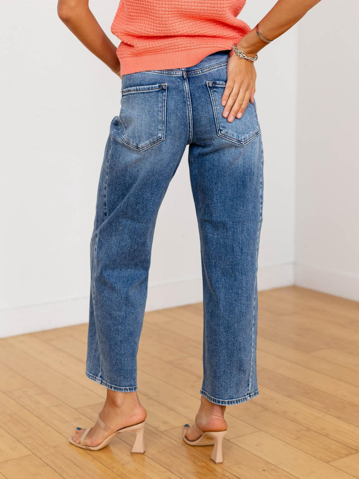 adjustable barrel washed denim jeans