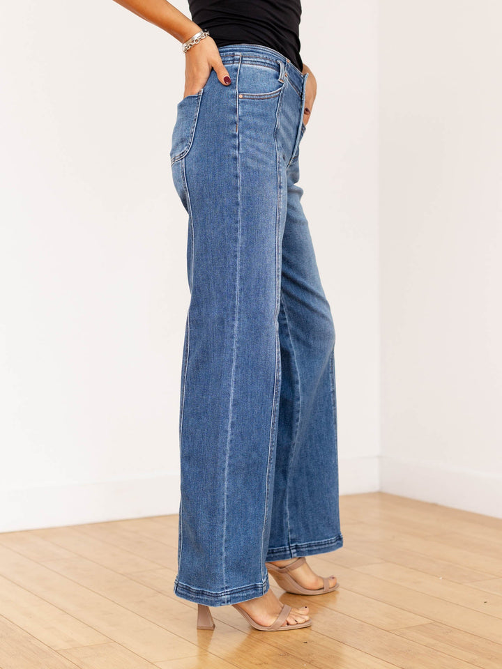 front seam medium wash wide leg pants