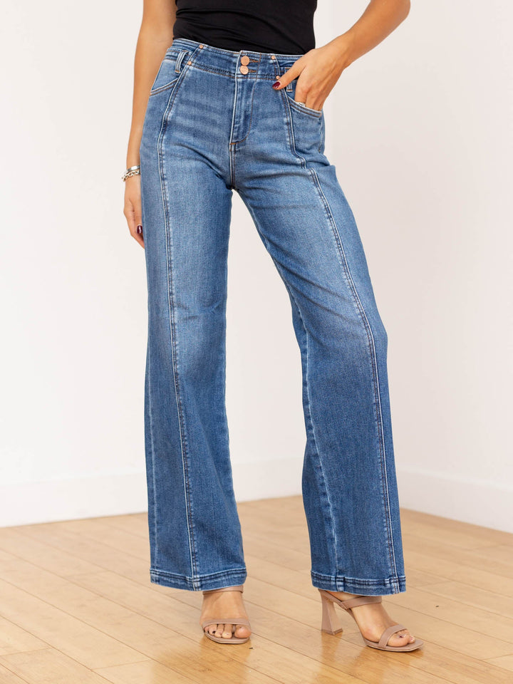 front seam medium wash wide leg pants