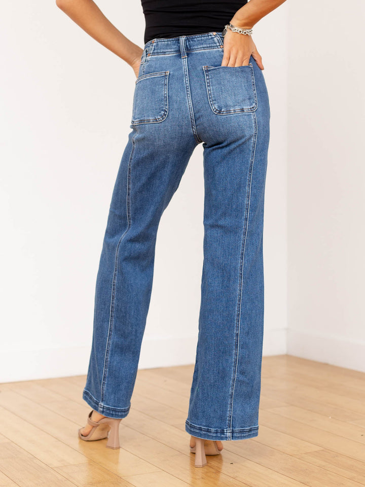 front seam medium wash wide leg pants