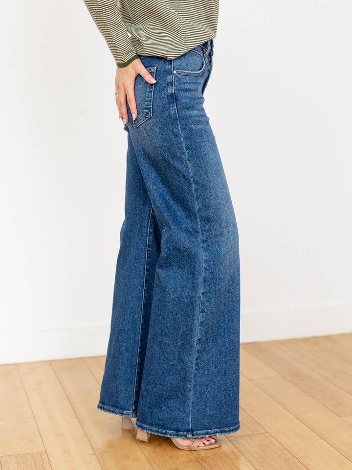wide leg front yoke denim jeans