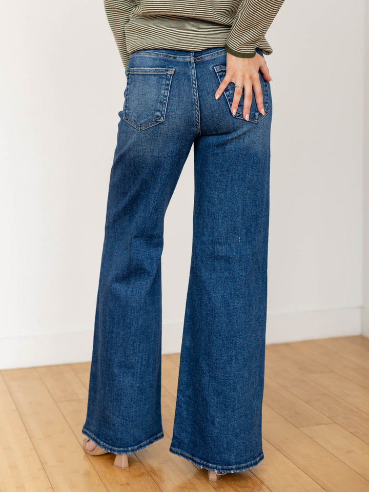 wide leg front yoke denim jeans