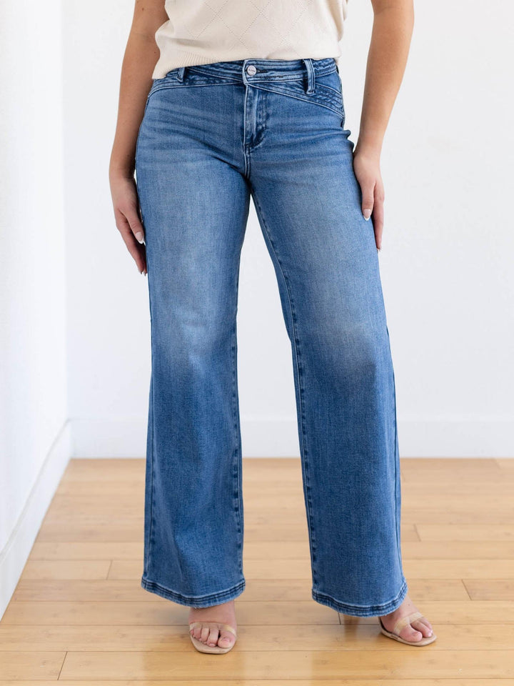 high rise dark wash denim