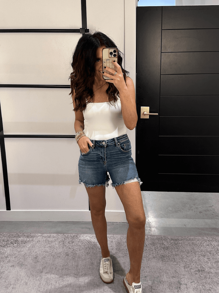RISEN Dark Mid Rise Frayed Shorts