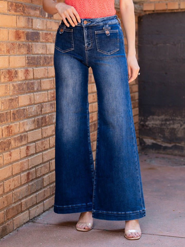 flared wide leg dark patch pocket denim