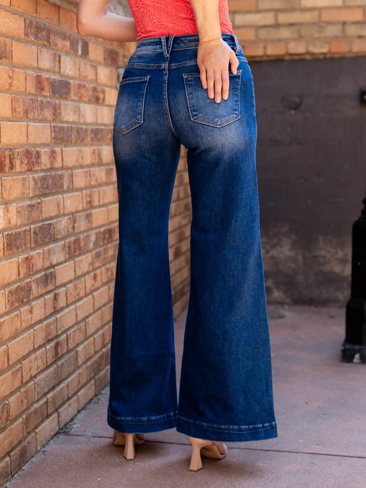 flared wide leg dark patch pocket denim