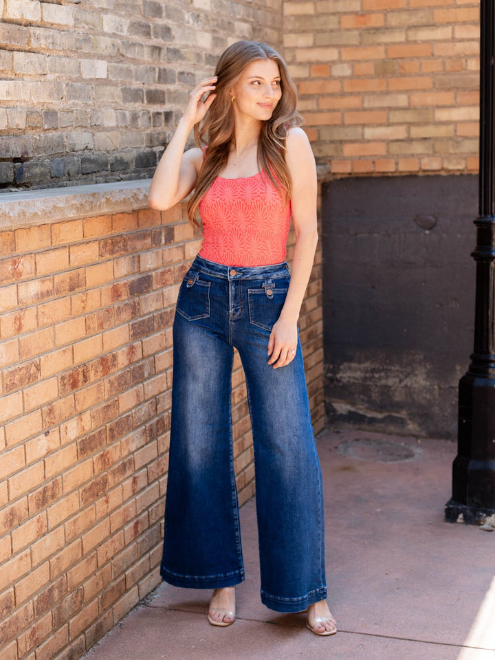 flared wide leg dark patch pocket denim