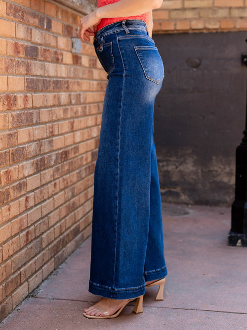 flared wide leg dark patch pocket denim