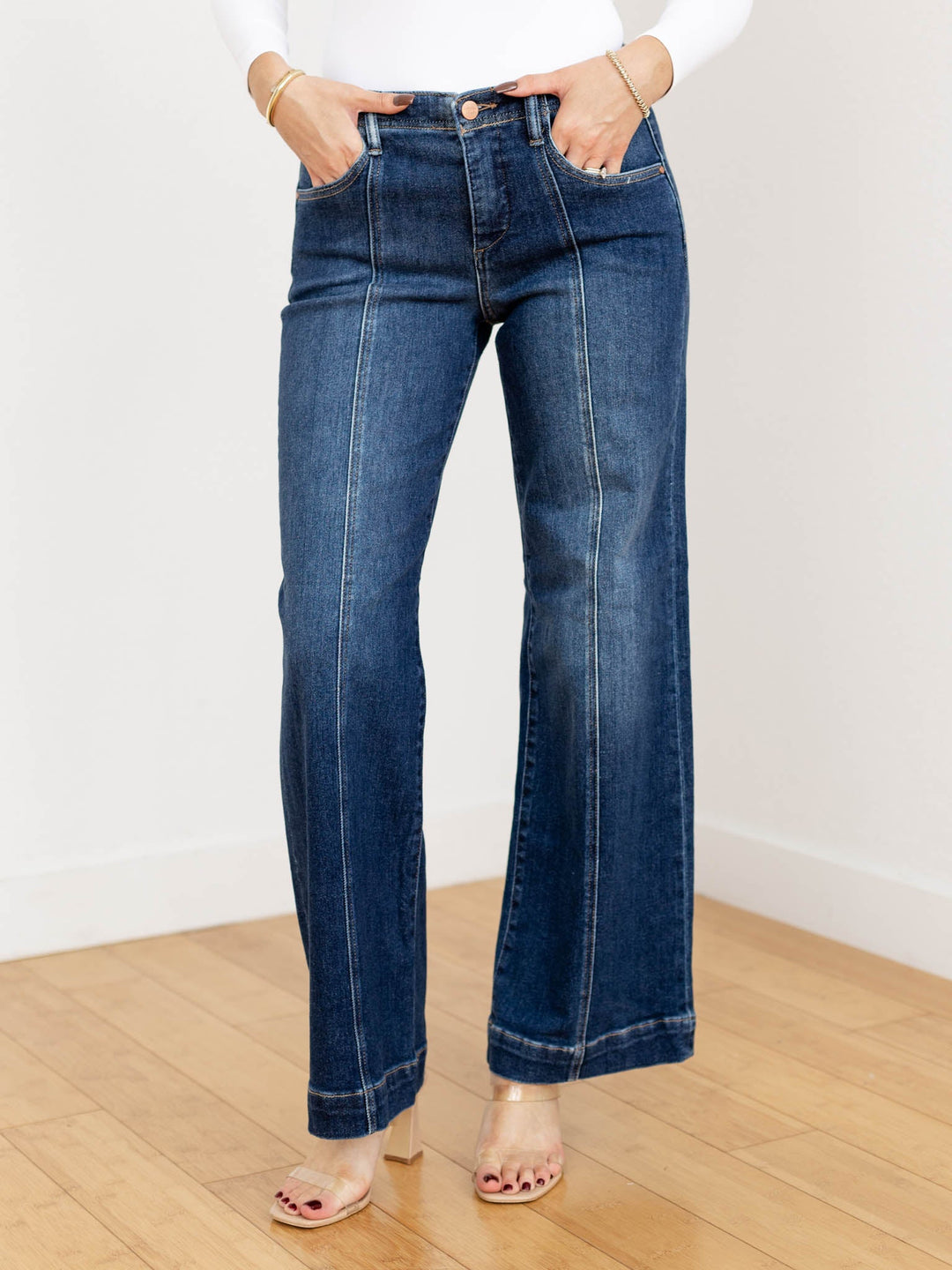 front seam dark washed denim