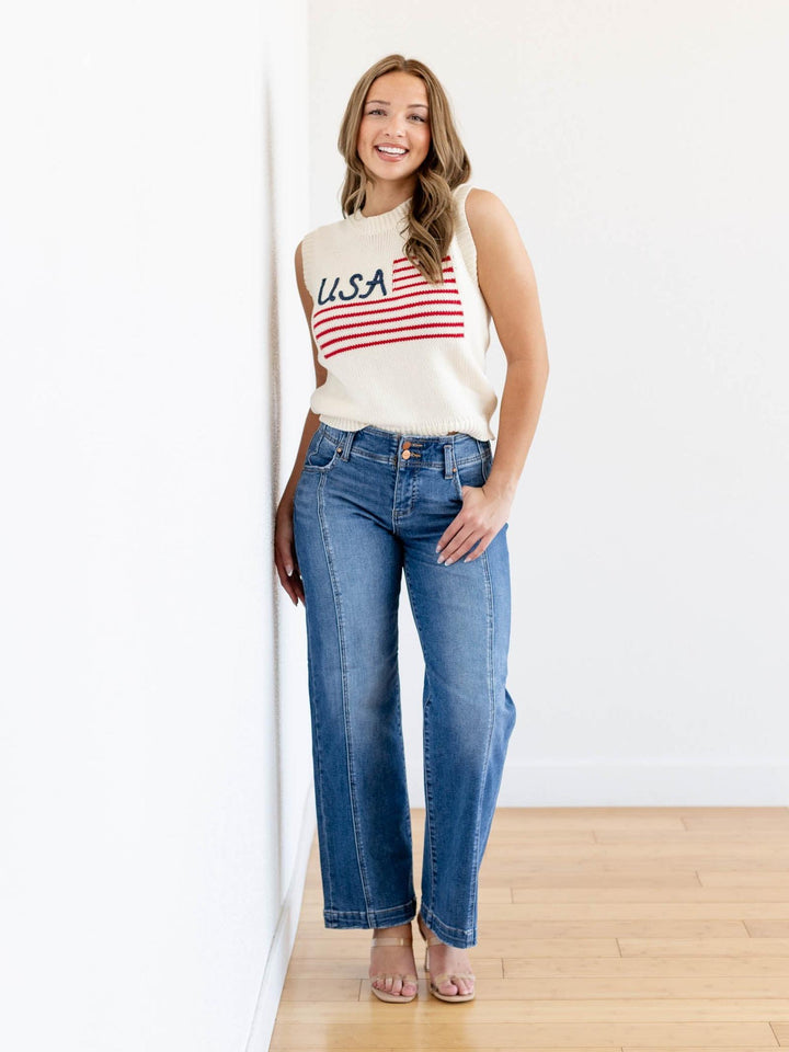 front center seam straight leg jeans