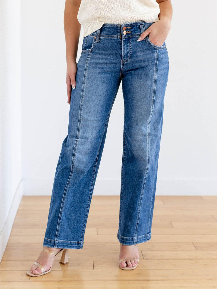 front center seam straight leg jeans
