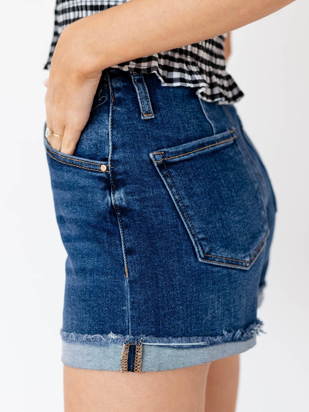 dark wash cuffed pintuck denim shorts