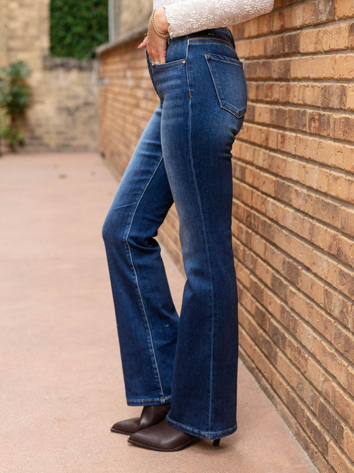 RISEN Dark Tummy Control Mid Rise Leather Detail Jean