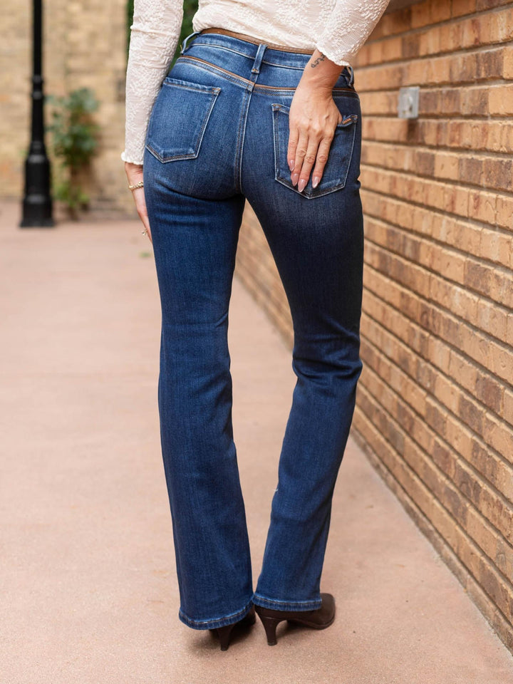 RISEN Dark Tummy Control Mid Rise Leather Detail Jean