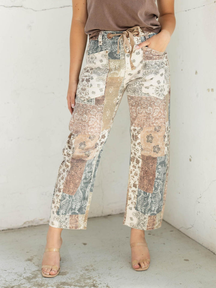 RISEN Earth Block Slouchy Crop Barrel Drawstring Waistband Denim