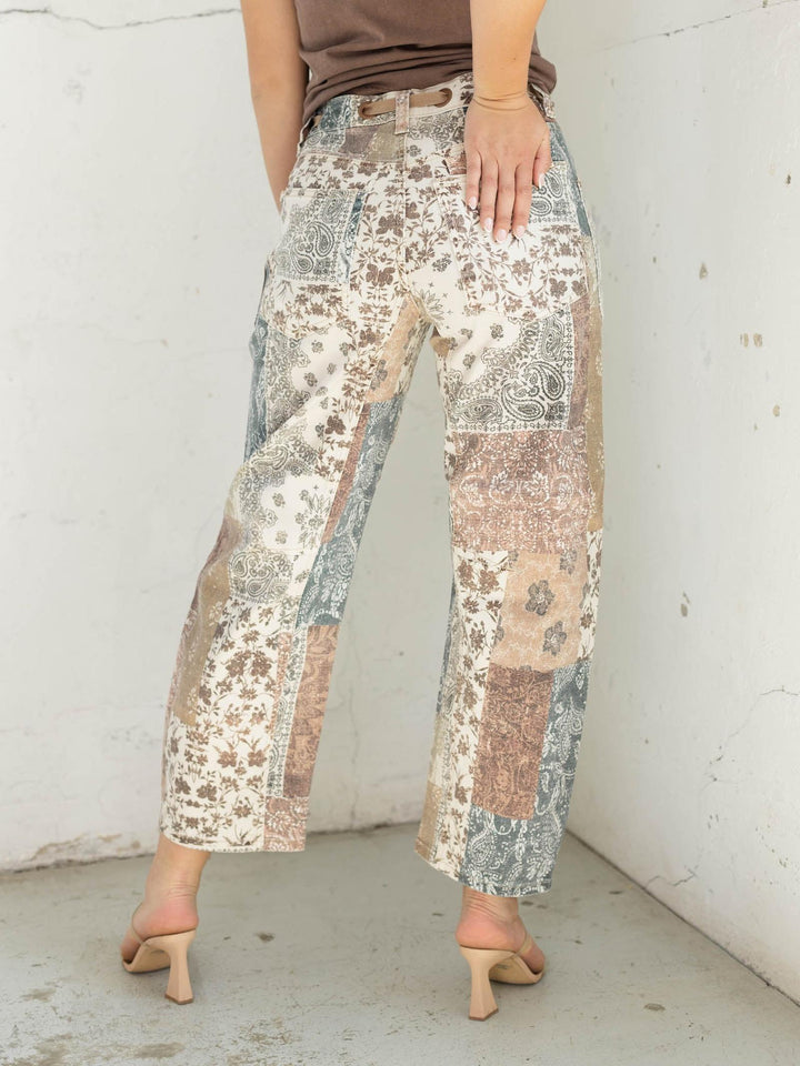 RISEN Earth Block Slouchy Crop Barrel Drawstring Waistband Denim