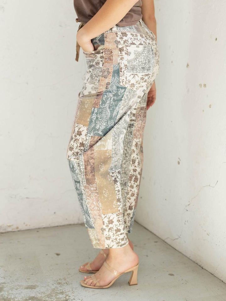 RISEN Earth Block Slouchy Crop Barrel Drawstring Waistband Denim