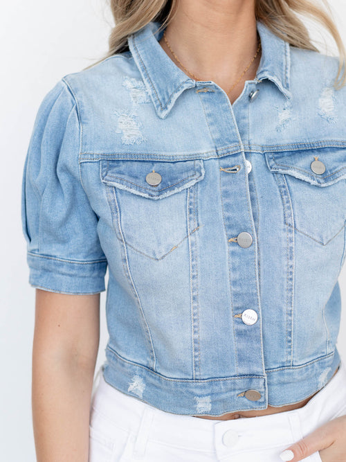 distressed elbow sleeve denim jacket
