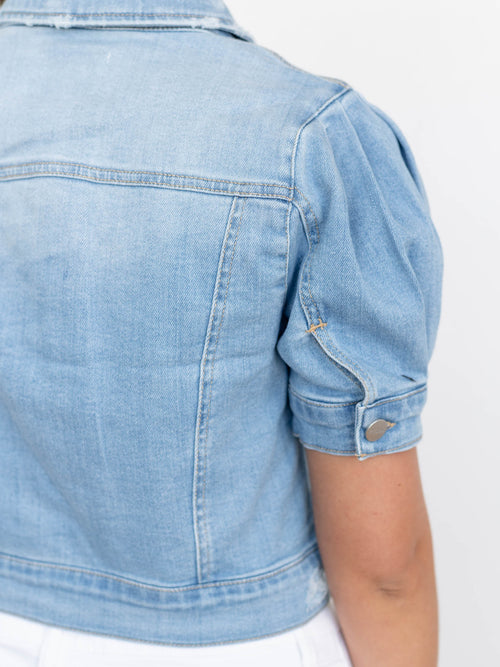 distressed elbow sleeve denim jacket