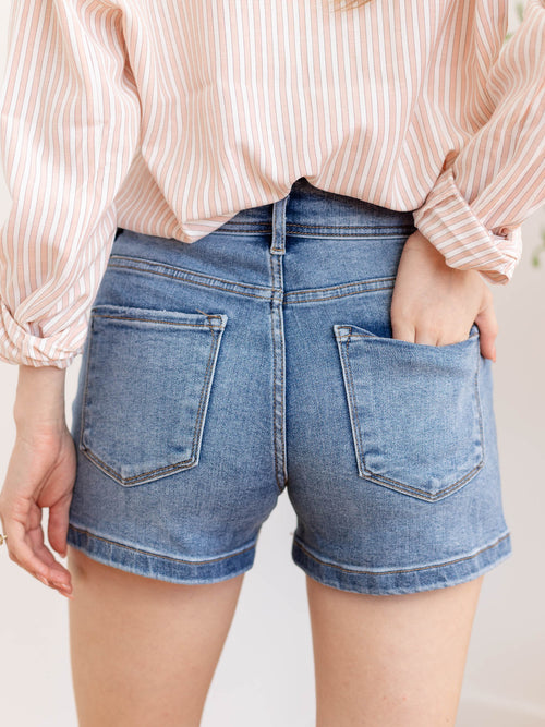 double button bow waist denim shorts