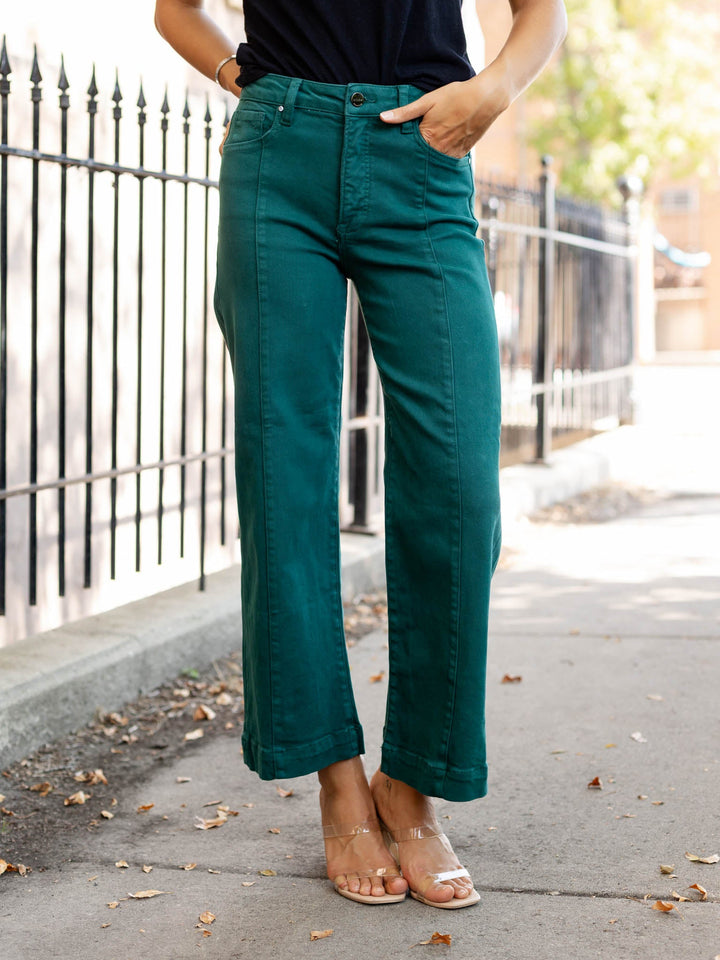 jewel toned green wide leg cropped denim