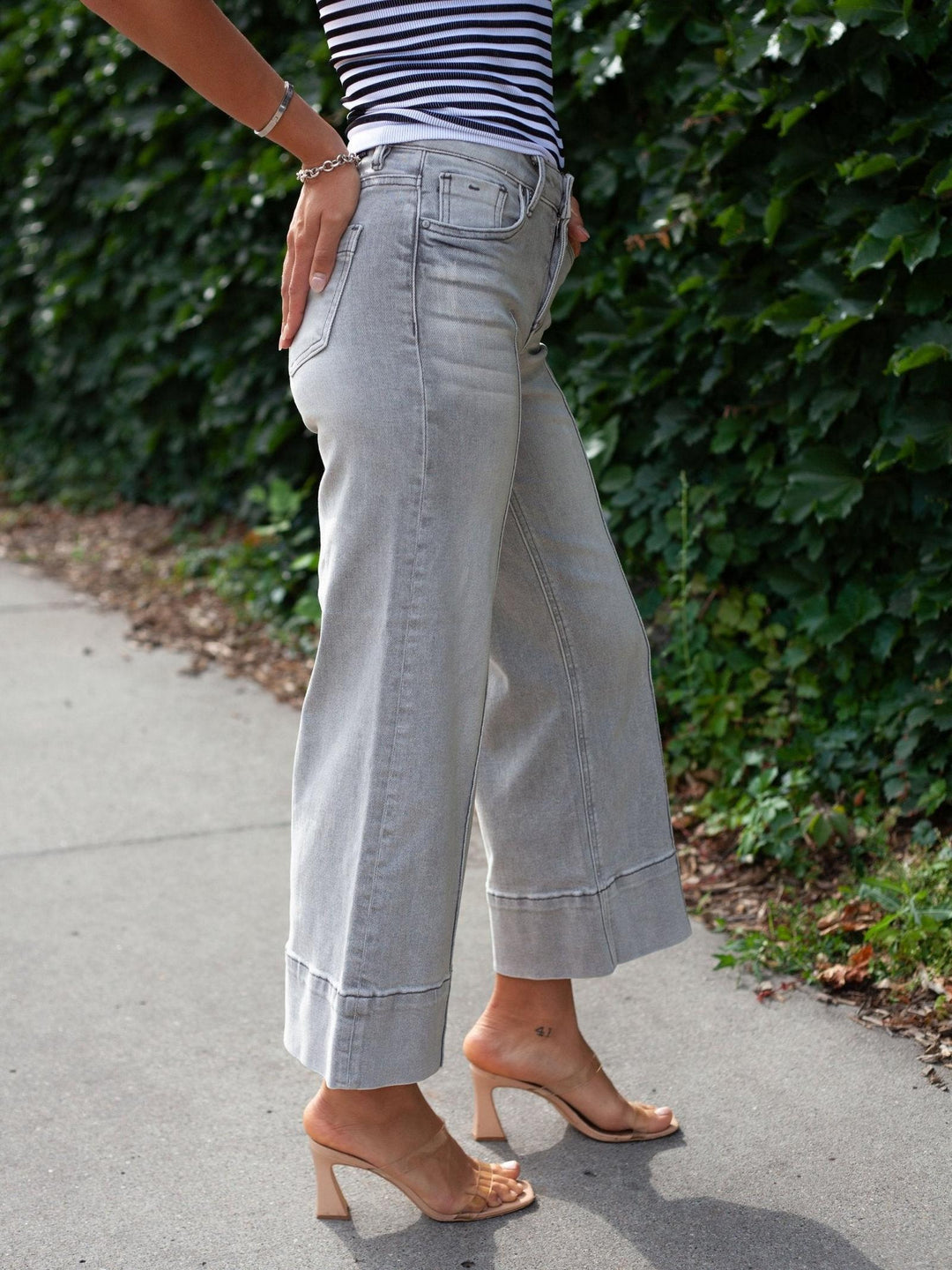 RISEN Light Grey Mid Rise Crop Wide Pintuck Front Jeans