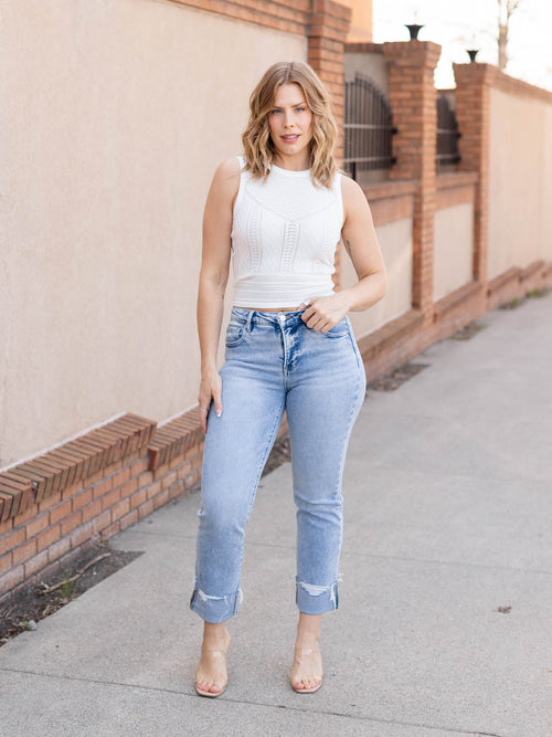 light wash cuffed straight denim