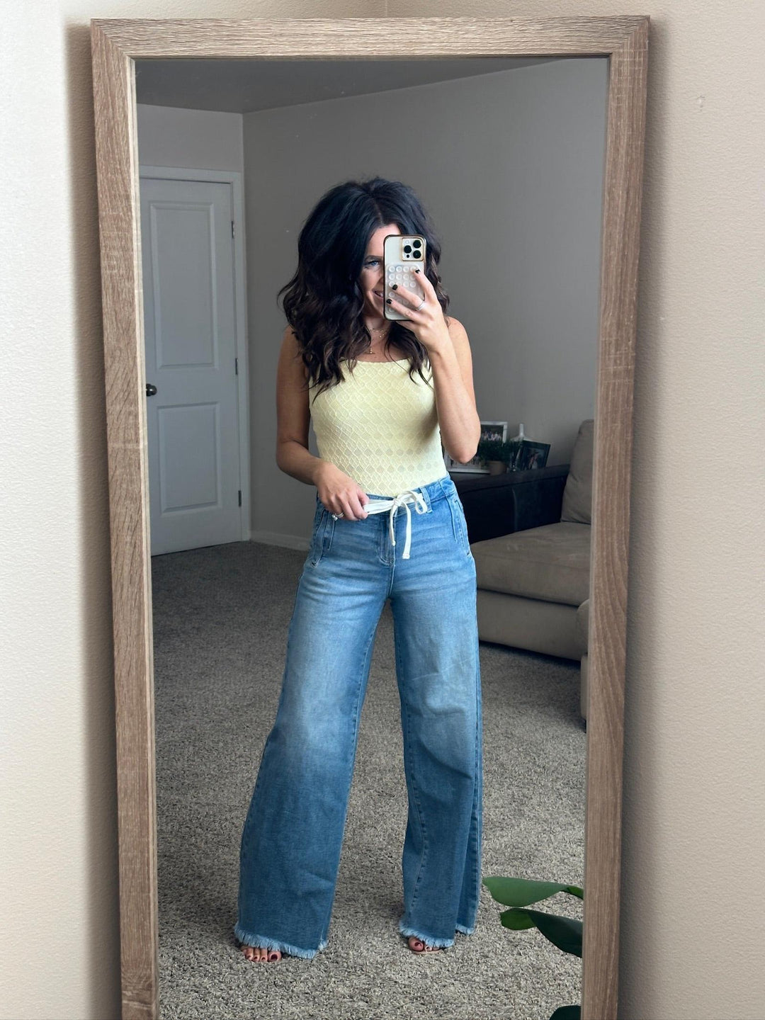 light wash full length drawstring denim