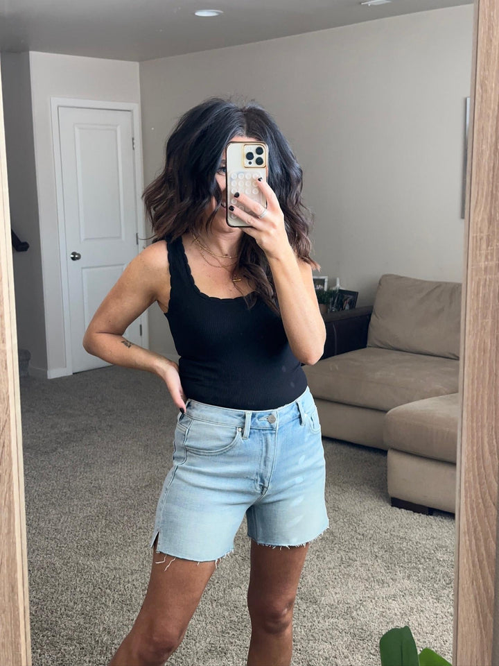 light wash high rise denim shorts
