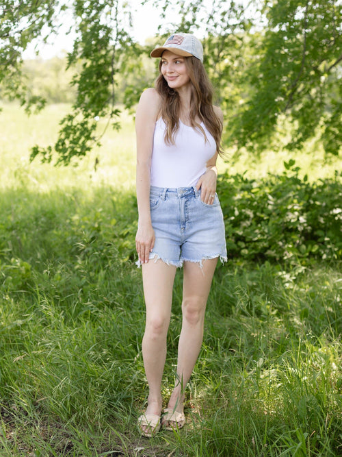 light wash long inseam denim shorts