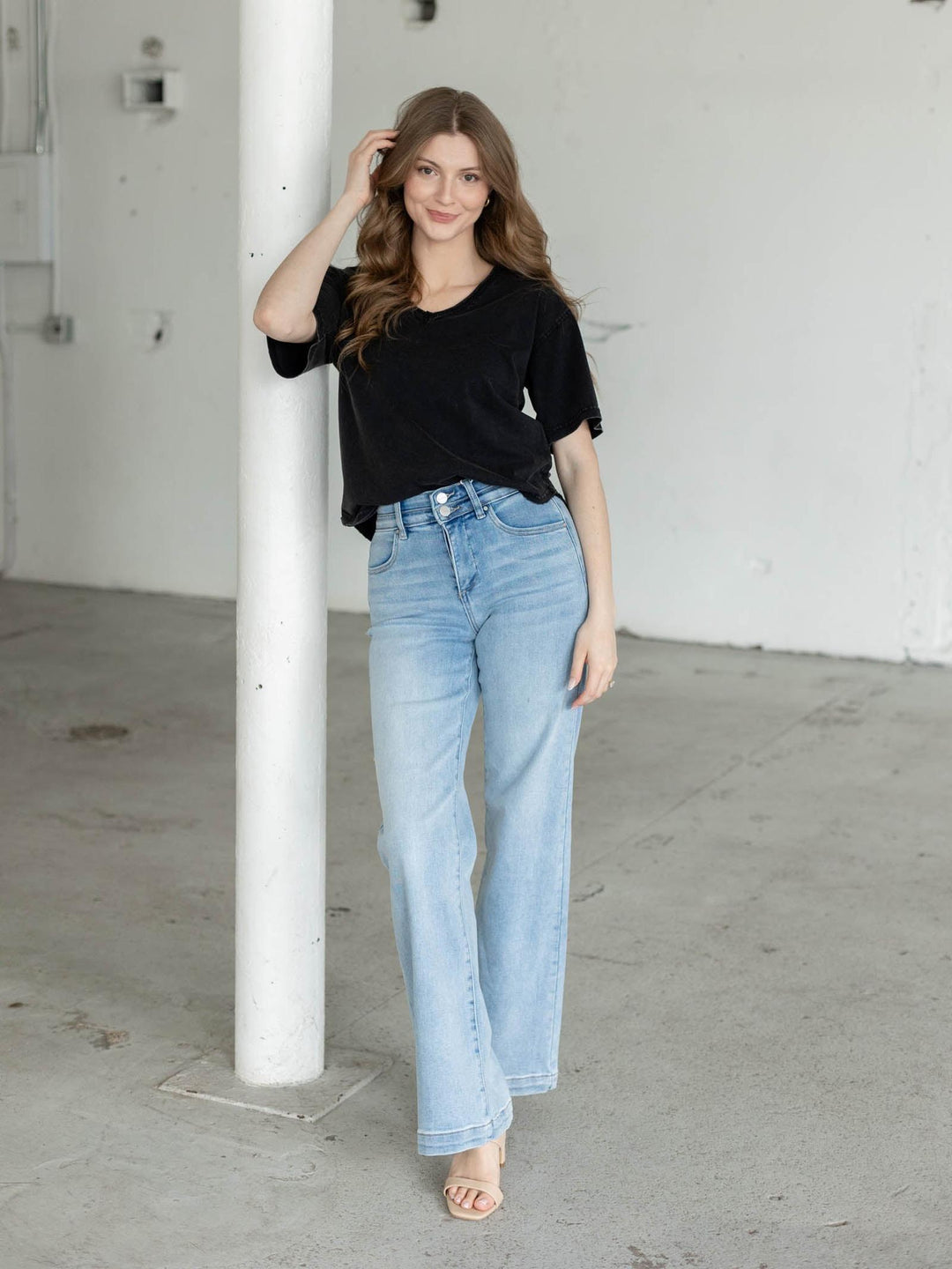 wide leg light wash jeans