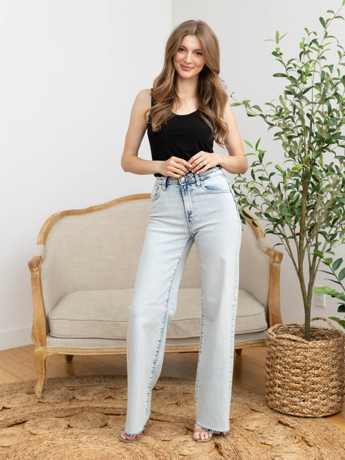 ultra light wash wide leg frayed denim