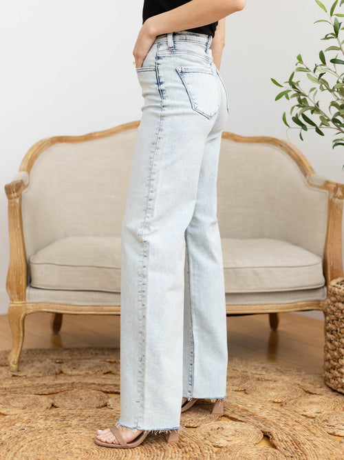 ultra light wash wide leg frayed denim