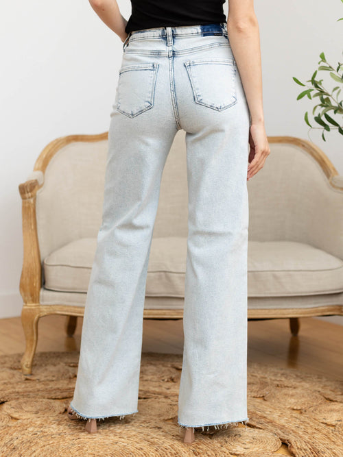 ultra light wash wide leg frayed denim
