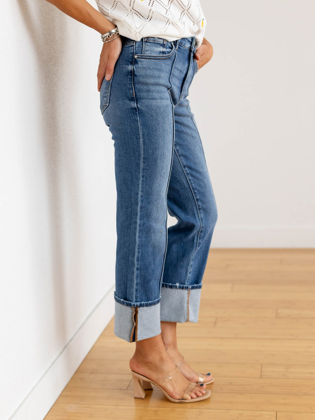 cuffed pintuck denim jeans