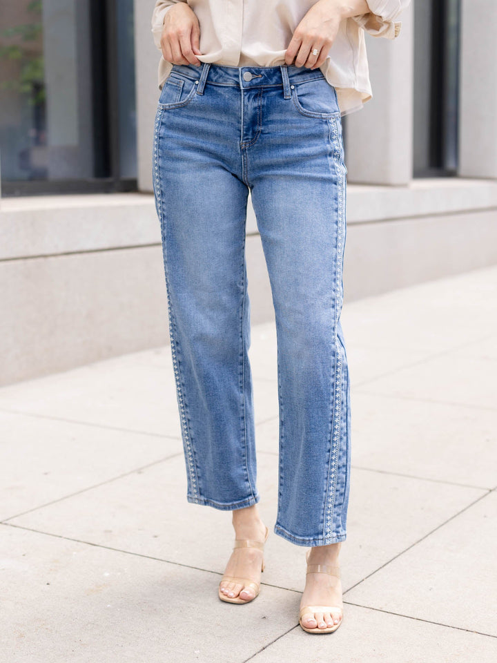 RISEN Medium High Rise Ankle Barrel Stretchy Jeans