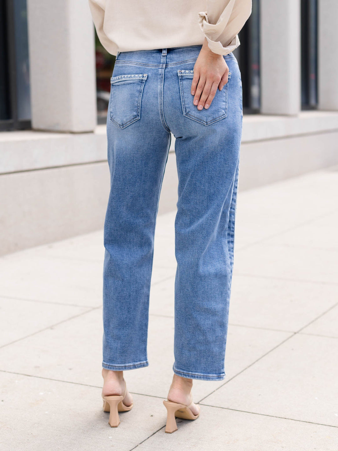RISEN Medium High Rise Ankle Barrel Stretchy Jeans