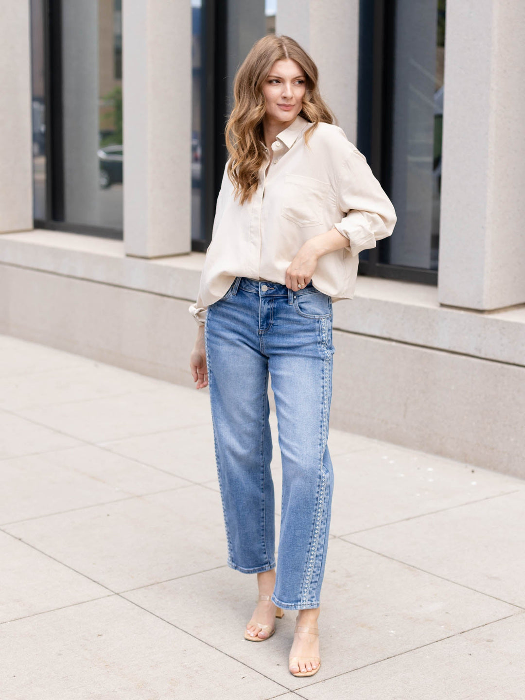 RISEN Medium High Rise Ankle Barrel Stretchy Jeans