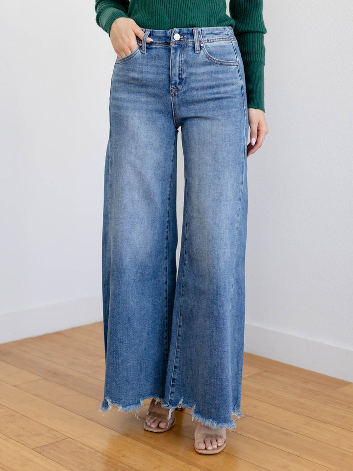 wide leg frayed medium denim