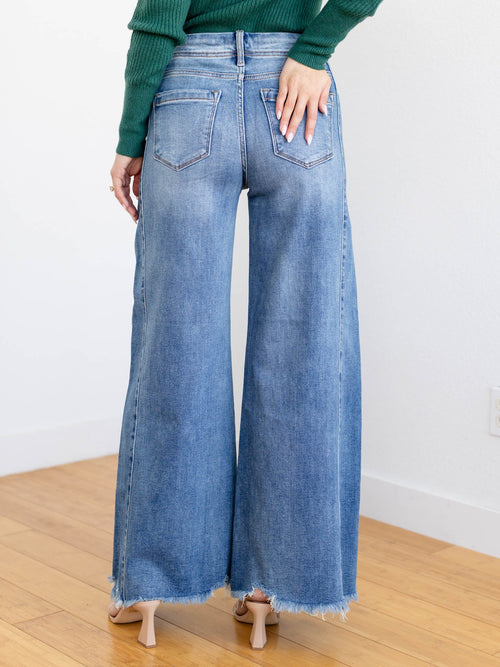 wide leg frayed medium denim