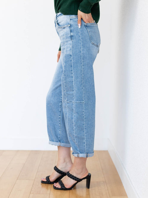 medium wash baggy barrel denim