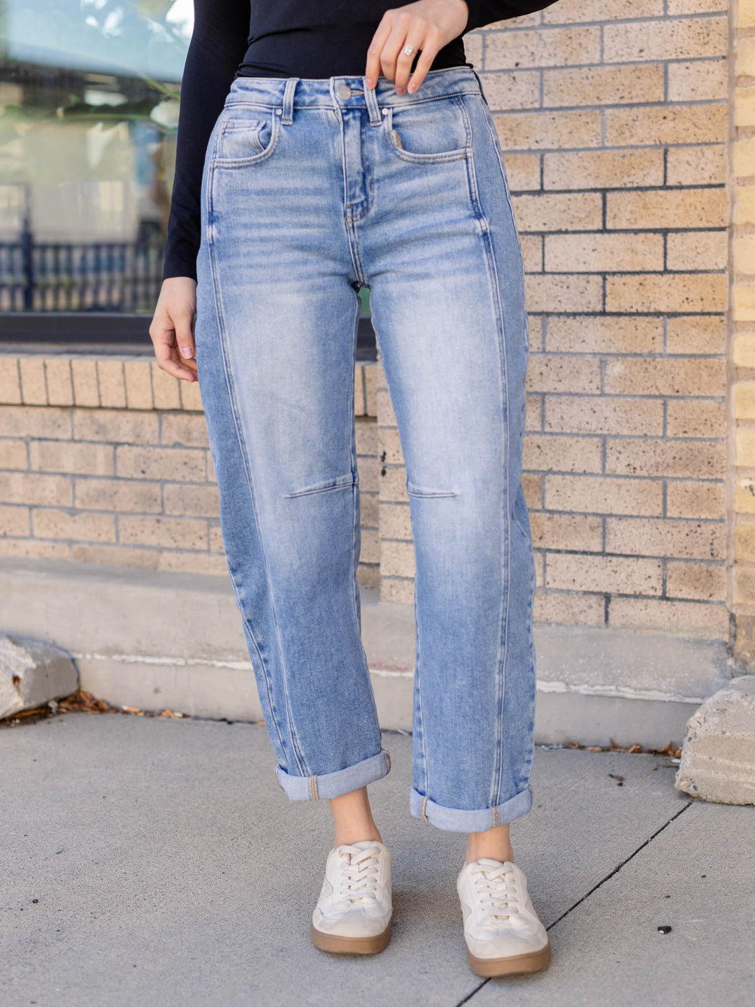 cuffed medium wash barrel denim